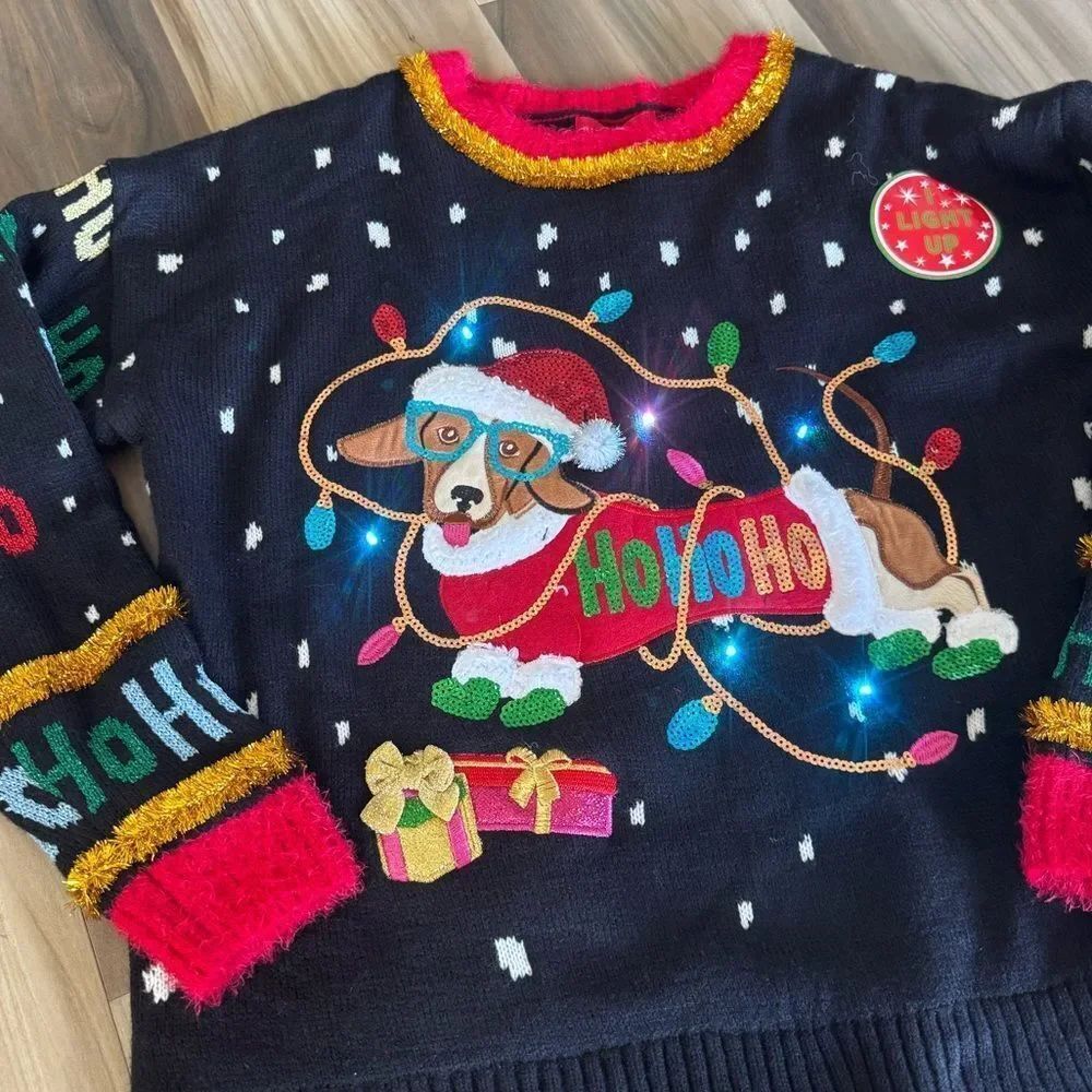 Dachshund Dog Lighted Holiday Embellished Ugly Christmas Sweater M